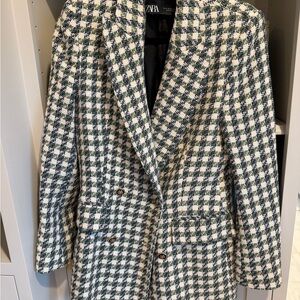 Zara Women's Green and Cream Plaid Blazer